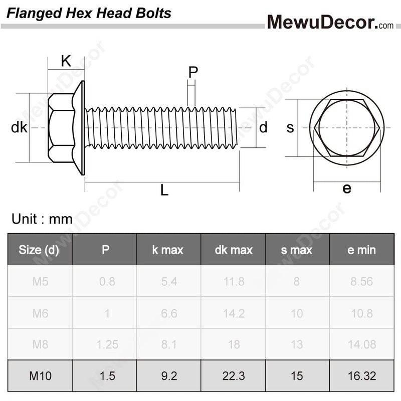 MewuDecor M10-1.5 x 25mm Flanged Hex Head Bolts Flange Hexagon Screws, Stainless Steel 18-8 (304), Plain Finish, DIN 6921, 10 PCS - Image 2